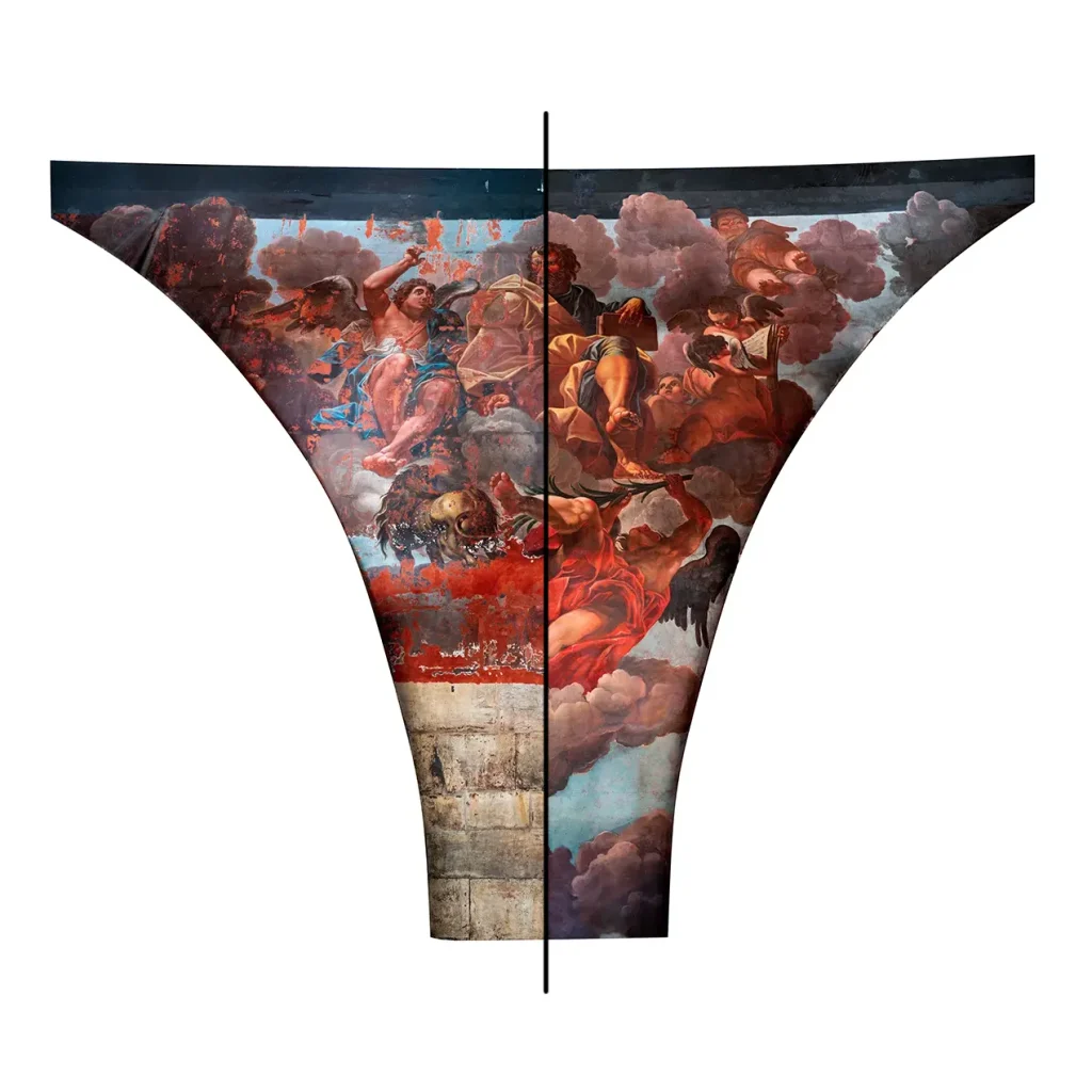 Comparaison d’un décor peint avant et après restauration à partir d’un relevé photogrammétrique