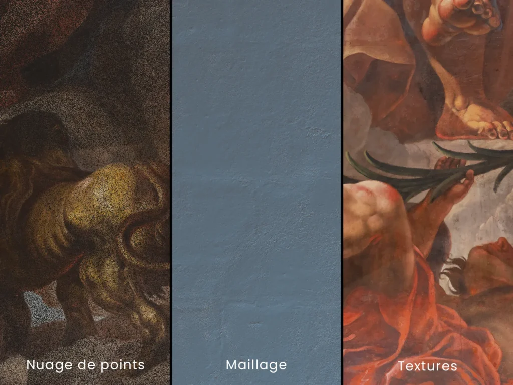Reconstruction photogrammétrique montrant le nuage de points, le maillage, et le modèle 3D