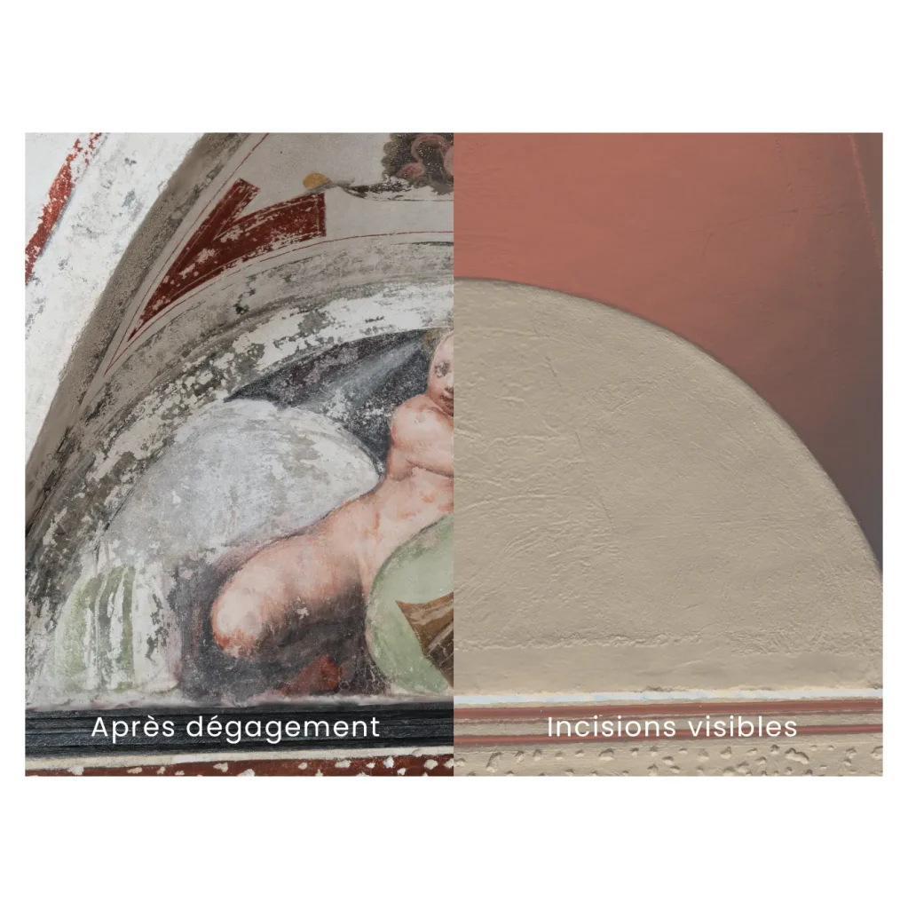 Comparaison entre texture photographique et maillage 3D révélant des incisions dans l’enduit d’une peinture à fresque